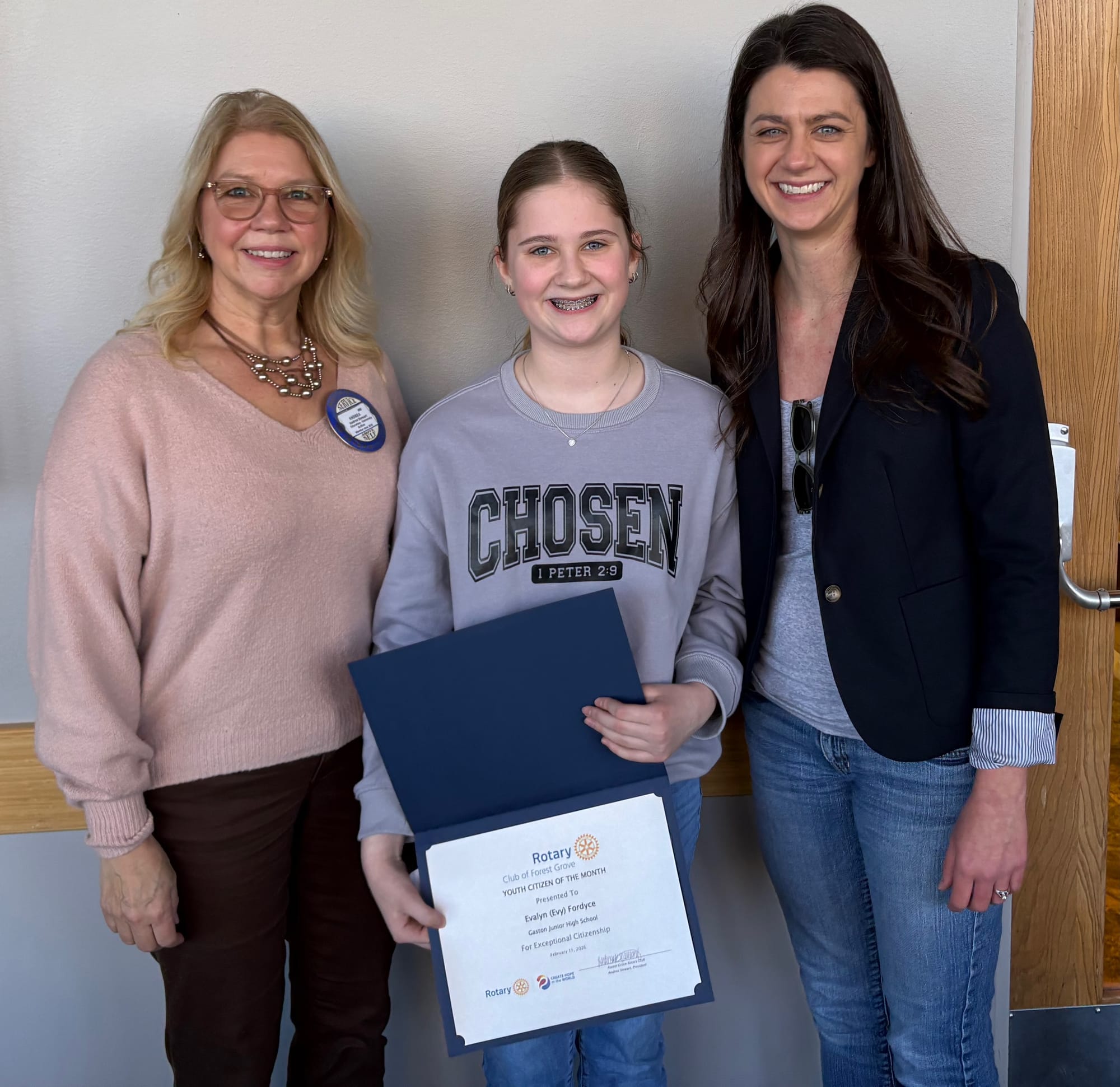 Rotary president with student honoree and her mother